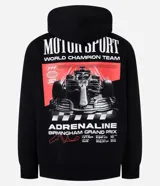 Buzo negro de hombre confeccionado en fleece, de corte relajado, con capucha, mangas largas con puños ajustados, bolsillo canguro y estampado de automovilismo "Racing Team".