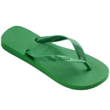 Ojotas Havaianas Top color blanco, con suela texturizada y tiras con diseño en relieve y logo de la marca.
