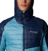 Campera Columbia Platinum Peak para hombre, con capucha y cierre frontal. Diseño color block en azul marino y celeste. Cuenta con tecnología térmica reflectante Omni-Heat Infinity y plumón sintético reciclado Omni-Heat.