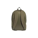 Mochila Adidas color verde oliva con tres franjas negras y logo en el bolsillo frontal.