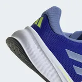 Championes de running Adidas Response, color azul vibrante con detalles en celeste y tres franjas plateadas. Cuentan con mediasuela de EVA blanca y una línea de acento amarillo neón, y suela de caucho negra.