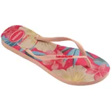 Sandalias Havaianas de tiras delgadas con estampado floral en tonos rosas.
