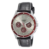 Reloj analógico CASIO MTP1374L-7A1VDF con correa de cuero marrón, esfera plateada de 44mm, bisel rojo y agujas luminiscentes. Resistente al agua hasta 50 metros.