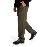 Pantalón cargo color verde oliva, de corte recto, con bolsillos laterales con solapa y bolsillos traseros.