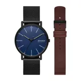 Reloj Skagen Signatur con caja de acero inoxidable negra de 40mm, esfera azul y malla metálica negra. Incluye una correa de cuero marrón intercambiable.