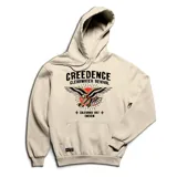 Canguro color crema con capucha y cordones ajustables. Estampado frontal con el logo de la banda Creedence Clearwater Revival, un águila y la inscripción "California 1967".