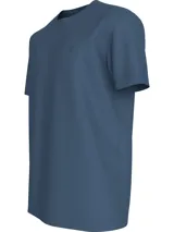 Remera azul de algodón con cuello redondo y mangas cortas. Presenta un pequeño logo CK bordado en el pecho y un monograma de Calvin Klein texturizado en la espalda.
