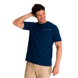 Remera azul marino de algodón de manga corta con cuello redondo y logo de Caterpillar estampado en el pecho.