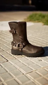 Bota de cuero color chocolate con hebillas metálicas y suela track.