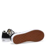 Championes Vans Old Skool unisex, con capellada de gamuza negra en la puntera y talón, laterales de lona con estampado a cuadros blancos y negros, y la clásica sidestripe blanca de cuero en los laterales. Suela de goma blanca con detalle de línea negra.