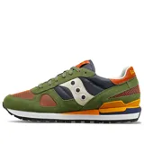 Championes Saucony Shadow Original, con capellada de gamuza, nylon y malla color verde oliva, detalles en naranja, azul y gris.