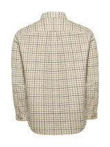 Camisa de franela de algodón orgánico con cuello americano abotonado, manga larga, corte regular y estampado a cuadros en tonos azul, blanco y rojo.