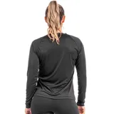 Remera deportiva negra de manga larga con protección UV50+ y logo estampado en el pecho.