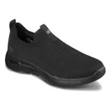 Zapatillas deportivas Skechers Go Walk Arch Fit - Iconic, color negro, sin cordones, con capellada de tejido knit elástico y transpirable, plantilla Arch Fit extraíble con soporte en el arco plantar certificado por podólogos y media suela Ultra Go con amortiguación y retorno de energía.