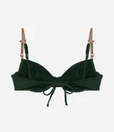 Top de bikini verde oscuro, modelo media taza con aro, confeccionado en microfibra texturizada. Tiene breteles elásticos ajustables con adornos de bambú natural y lazo en la espalda.