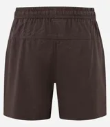 Bermuda deportiva masculina de poliéster reciclado certificado RCS, color negro, con cintura elástica y lazo ajustable. Presenta un estampado abstracto en tonos claros en la parte superior delantera.