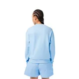 Buzo blanco de algodón con cuello redondo, puños y cintura acanalados. Estampado frontal con el logo de Lacoste y un cocodrilo vestido con ropa de ciclista andando en bicicleta.