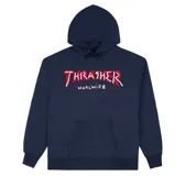 Canguro azul marino con capucha y cordones ajustables, bolsillo tipo canguro y puños y cintura acanalados. Estampado frontal con el logo de Thrasher en rojo y blanco.
