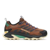 Championes de trekking Merrell Moab Speed 2, color marrón con detalles en azul marino, verde y beige. Capellada de malla técnica y TPU reciclado, suela Vibram TC5+ y entresuela de espuma FloatPro.