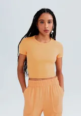 Blusa cropped básica en color amarillo, confeccionada en tela acanalada, con silueta ajustada y mangas cortas.