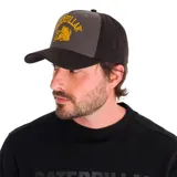 Gorro de gabardina color tostado con paneles de malla color marrón. Presenta bordado frontal con el logo de Caterpillar y la frase "It's time for a Show-Down". Tiene visera curva y cierre ajustable a presión en la parte trasera.