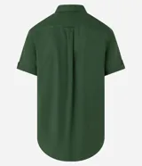 Camisa de hombre de manga corta en lino color blanco, con cuello clásico, botonadura frontal y bolsillo de parche en el pecho. Corte recto.