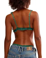 Bralette de encaje verde esmeralda con ribete de volantes y malla transparente de puntos.