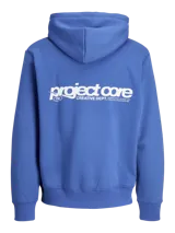 Buzo con capucha azul con estampado en el pecho que dice "project core creative dept." en blanco.