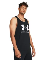 Musculosa deportiva Under Armour negra con logo blanco estampado en el pecho. Tejido ligero, suave y de secado rápido.