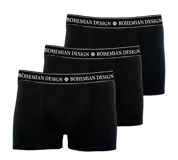 Pack de tres bóxers negros de algodón con cintura elástica blanca con la inscripción "Bohemian Design" en negro.