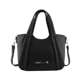 Bolso tipo tote de cuero sintético color negro, con doble asa corta y correa larga desmontable. Tiene un compartimento principal con cierre y un bolsillo interno. Logo de la marca en el frente.