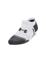 Medias deportivas Under Armour HeatGear Tech, de corte bajo, color blanco con detalles en gris y logo de la marca en negro.