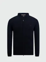 Cárdigan negro de algodón con cierre de cremallera y logo bordado en el pecho. Cuello alto y corte slim fit.