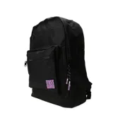Mochila negra con dos compartimentos frontales con cierre y logo estampado en violeta.