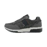 Zapatillas deportivas urbanas negras con detalles en gris y marrón. Presentan cordones y suela de goma blanca y negra.