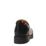 Sandalias de cuero combinadas en color negro y beige, con diseño de tiras cruzadas y suela track.