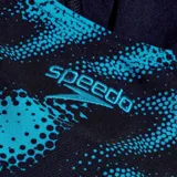 Malla enteriza Speedo de mujer, color negro con estampado abstracto en celeste.