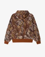 Campera negra con capucha, cierre frontal con cremallera, bolsillo tipo canguro y logo de la marca bordado en el pecho y en la capucha.