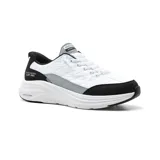 Championes deportivos Skechers Hands Free Slip-ins Contour Foam Cozy Fit, color blanco con detalles en negro y gris. Diseño sin cordones con tecnología Heel Pillow y plantilla Air-Cooled Memory Foam.