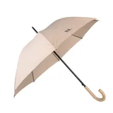 Paraguas largo color beige, con estructura metálica, mango de goma y tela de poliéster impermeable. Tiene un diámetro de 101 cm y un largo de 87 cm.