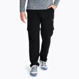 Pantalón negro de poliéster y spandex con tratamiento repelente al agua, cintura ajustable con cinturón incluido, cremallera frontal, bolsillos delanteros y traseros, bolsillo en el muslo con cremallera inversa y apertura inferior ajustable.