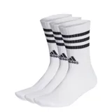 Pack de tres pares de medias Adidas de caña media, color blanco con tres rayas negras y logo de la marca en el tobillo.