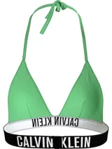 Top de bikini verde con tirantes finos y banda inferior elástica negra con el logo de Calvin Klein en blanco.