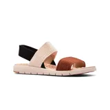 Sandalia casual con suela beige y tiras elásticas tejidas en color negro, beige y marrón.