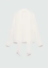 Blusa blanca de diseño estándar, tejido fluido, cierre delantero, cuello redondo, tejido ligero, manga larga con puños abotonados, escote de pico, diseño recto, cierre de lazo en el cuello.