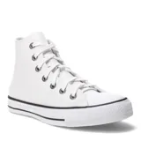 Championes Converse Chuck Taylor All Star HI de cuero blanco con detalles en negro en la suela y ojales metálicos plateados. Zapatillas de caña alta con cordones blancos.
