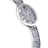 Reloj Swarovski para mujer, modelo Crystal Rock Oval, con caja ovalada de acero inoxidable color plateado y esfera cubierta de cristales. Pulsera metálica ajustable con cristales incrustados.