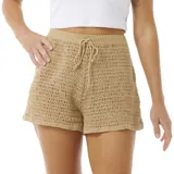 Short tejido al crochet color beige, con cintura elastizada y cordón ajustable.