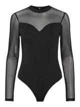 Body negro de mangas largas confeccionado en mesh, con cuello alto y corte ajustado.