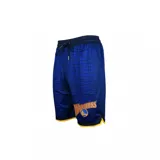 Short de básquet azul con estampado de piel de serpiente, cintura elástica con cordón de ajuste y logo del equipo Golden State Warriors en la pierna derecha.